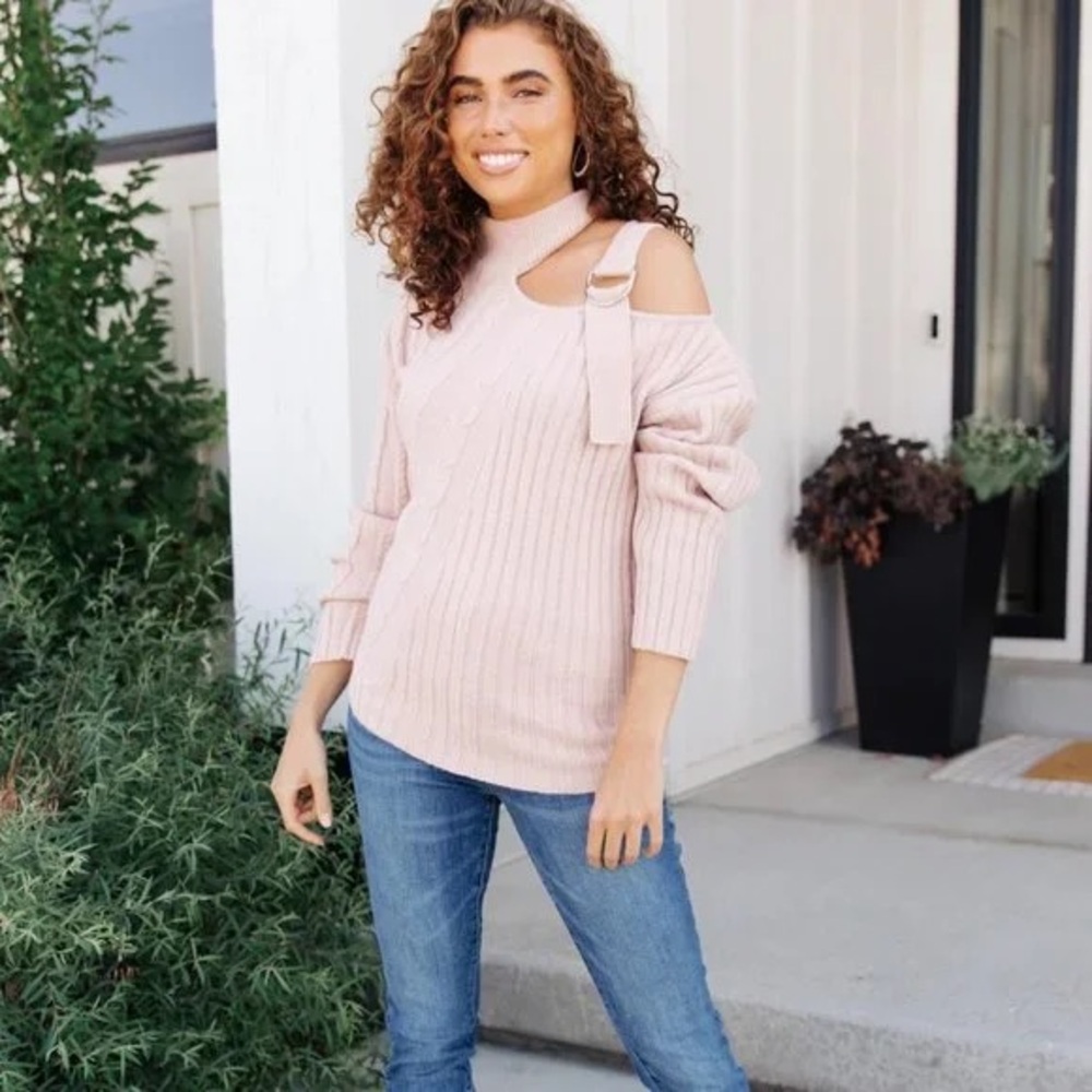 Andree Women's Pink One Shoulder Turtleneck Sweater Size Small